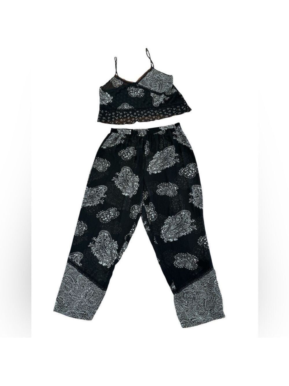 90s 2PC DELICATES BOHO SHEER BLK & CREAM PAISLEY CROP TOP & WIDE LEG PANT SZ XL - Picture 10 of 16